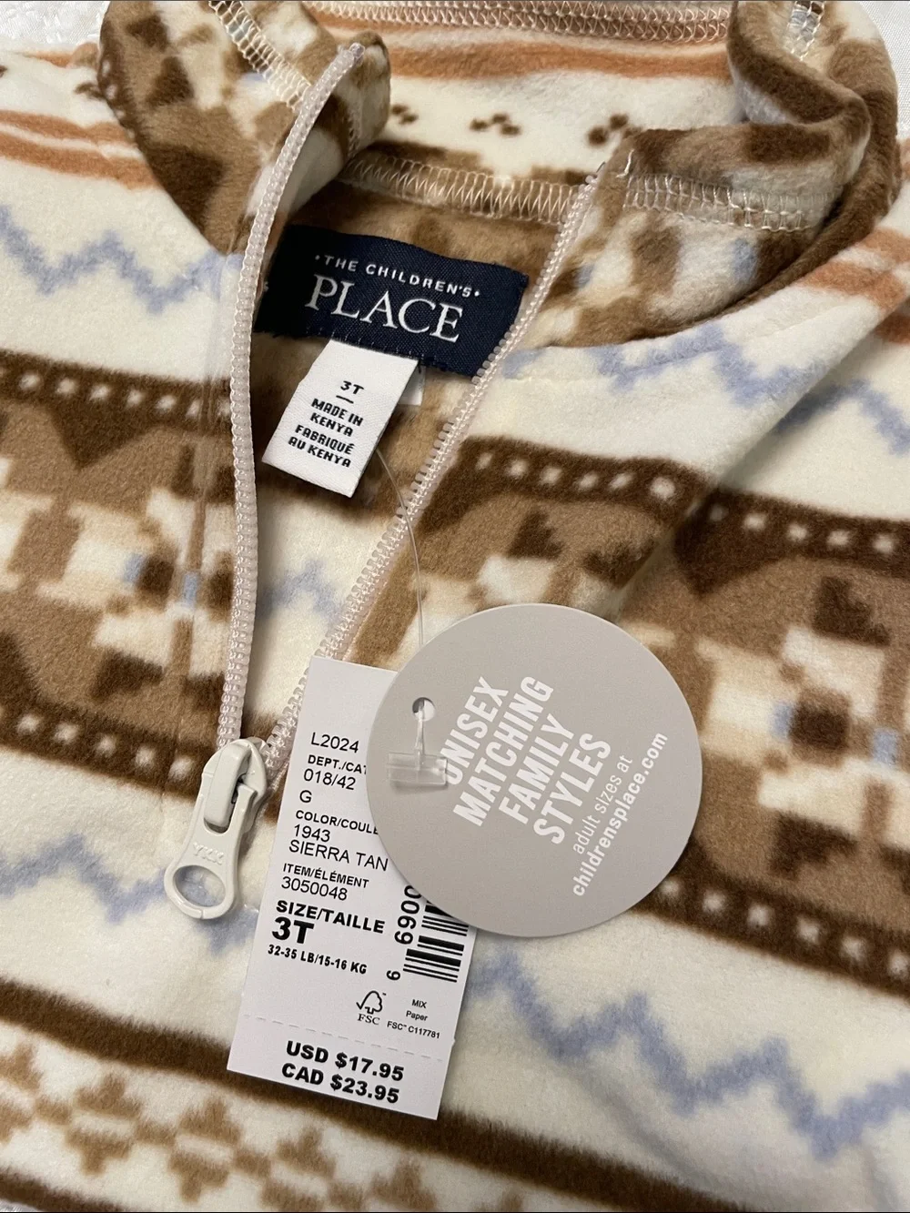 NWT The Children’s Place 3T SIERRA TAN Half Zip Pullover Micro-fleece Fair Isle
